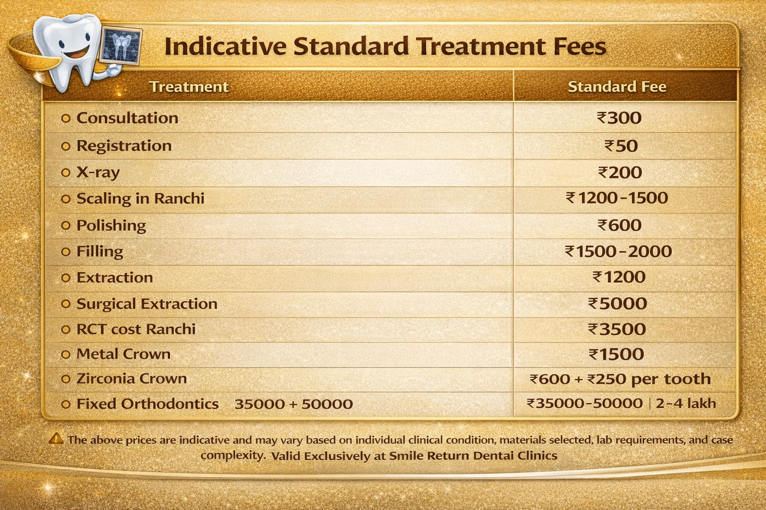 Discount Prices for Dental Treatments with Smile Return Dental fees table Ranchi